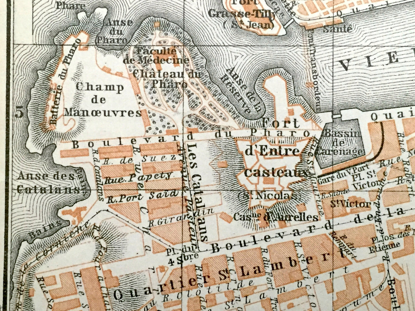 Antique 1914 Marseille, France Map from Baedekers Guide Atlas – Mediterranean, Boulevard, Bouches-du-Rhone, Provence-Alpes-Cote d'Azur, City