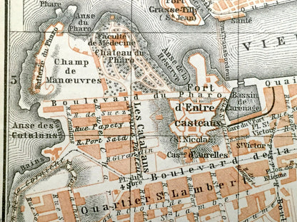 Antique 1914 Marseille, France Map from Baedekers Guide Atlas – Mediterranean, Boulevard, Bouches-du-Rhone, Provence-Alpes-Cote d'Azur, City