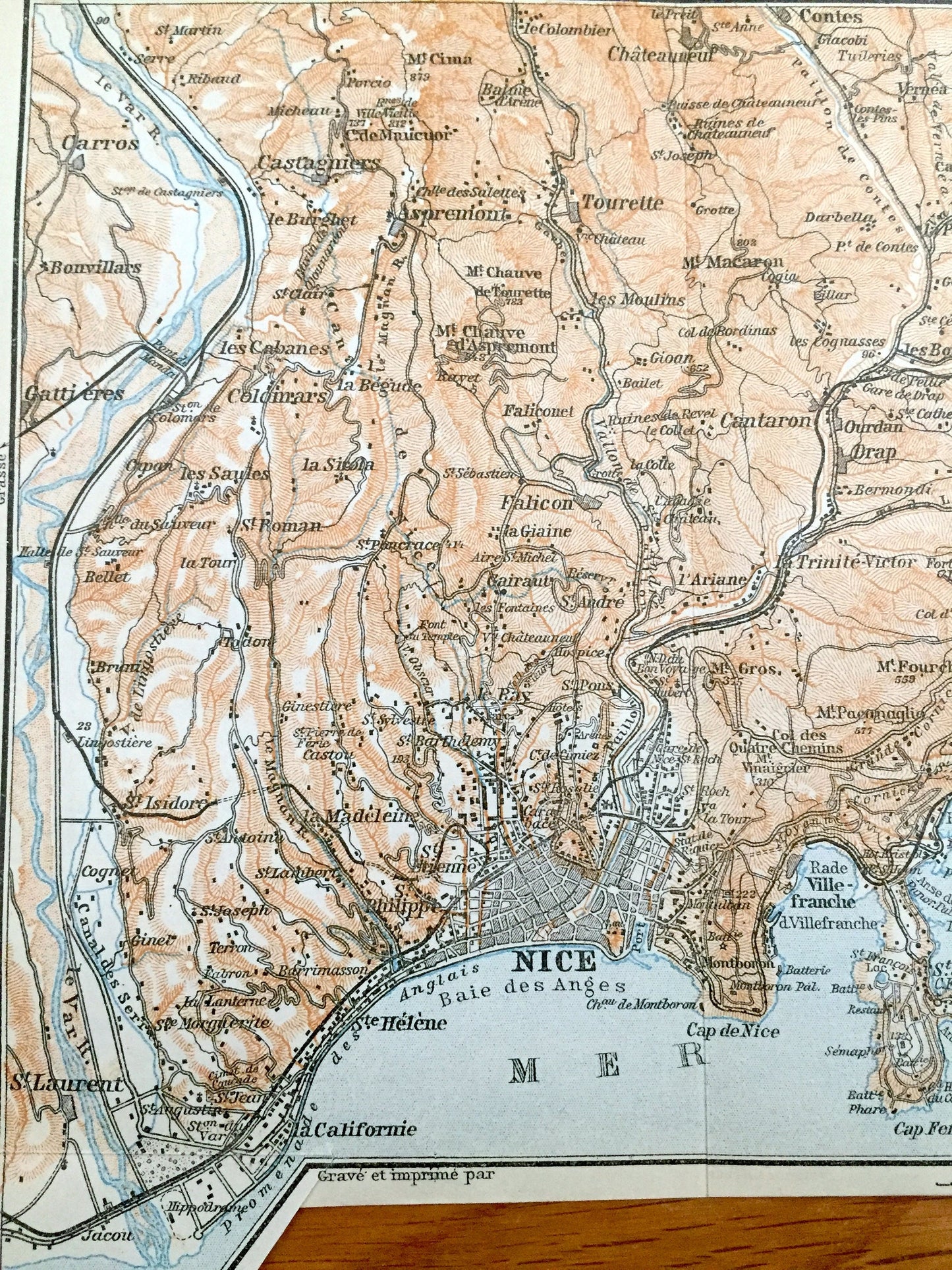 Antique 1914 Nice Beaulieu, France Map from Baedekers Guide Atlas – Carros, St. Laurent, Falicon, Tourette, Castagniers, Aspremont, Menton