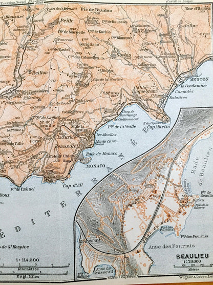 Antique 1914 Nice Beaulieu, France Map from Baedekers Guide Atlas – Carros, St. Laurent, Falicon, Tourette, Castagniers, Aspremont, Menton