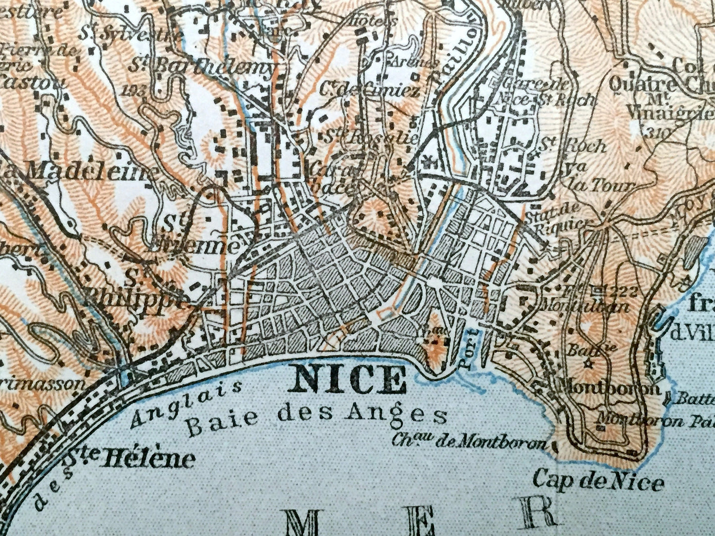 Antique 1914 Nice Beaulieu, France Map from Baedekers Guide Atlas – Carros, St. Laurent, Falicon, Tourette, Castagniers, Aspremont, Menton