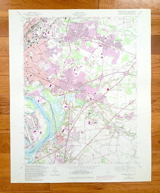 Antique Trenton East, NJ - PA 1957 US Geological Survey Topographic Map – Mercer County, Washington, Bordentown, Chesterfield, New Jersey