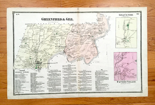 Antique 1871 Greenfield & Gill, Massachusetts Map from F.W. Beers Atlas of Franklin County – Factory Village, Turners Falls, Riverside, MA