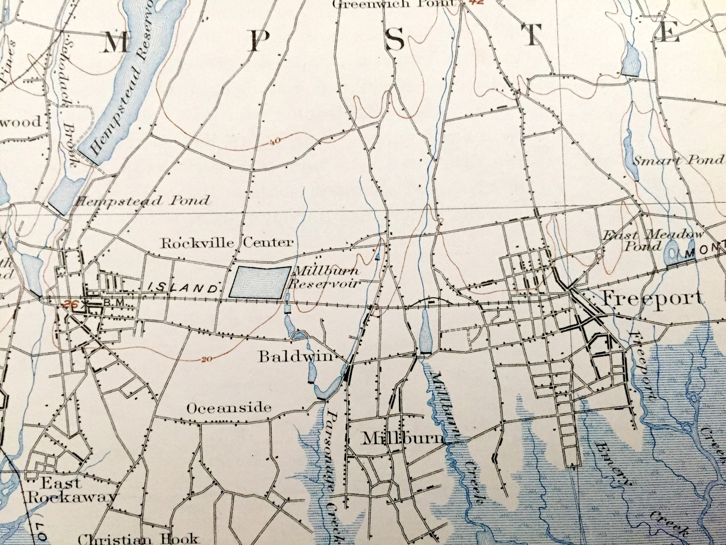 Antique Hempstead, New York 1903 US Geological Survey Topographic Map – Long Island, Nassau County, Freeport, Mineola, Oceanside Woodmere NY