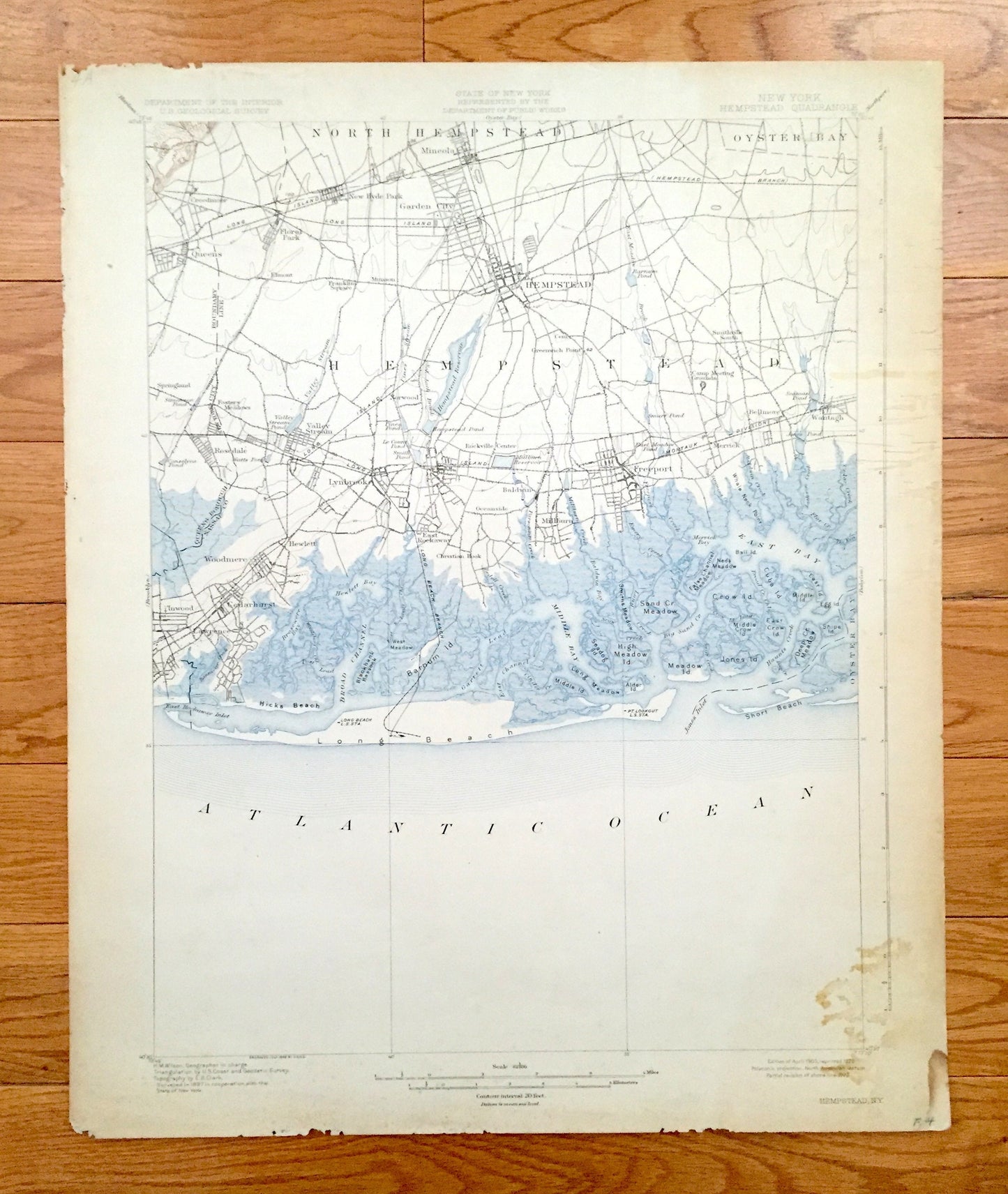 Antique Hempstead, New York 1903 US Geological Survey Topographic Map – Long Island, Nassau County, Freeport, Mineola, Oceanside Woodmere NY
