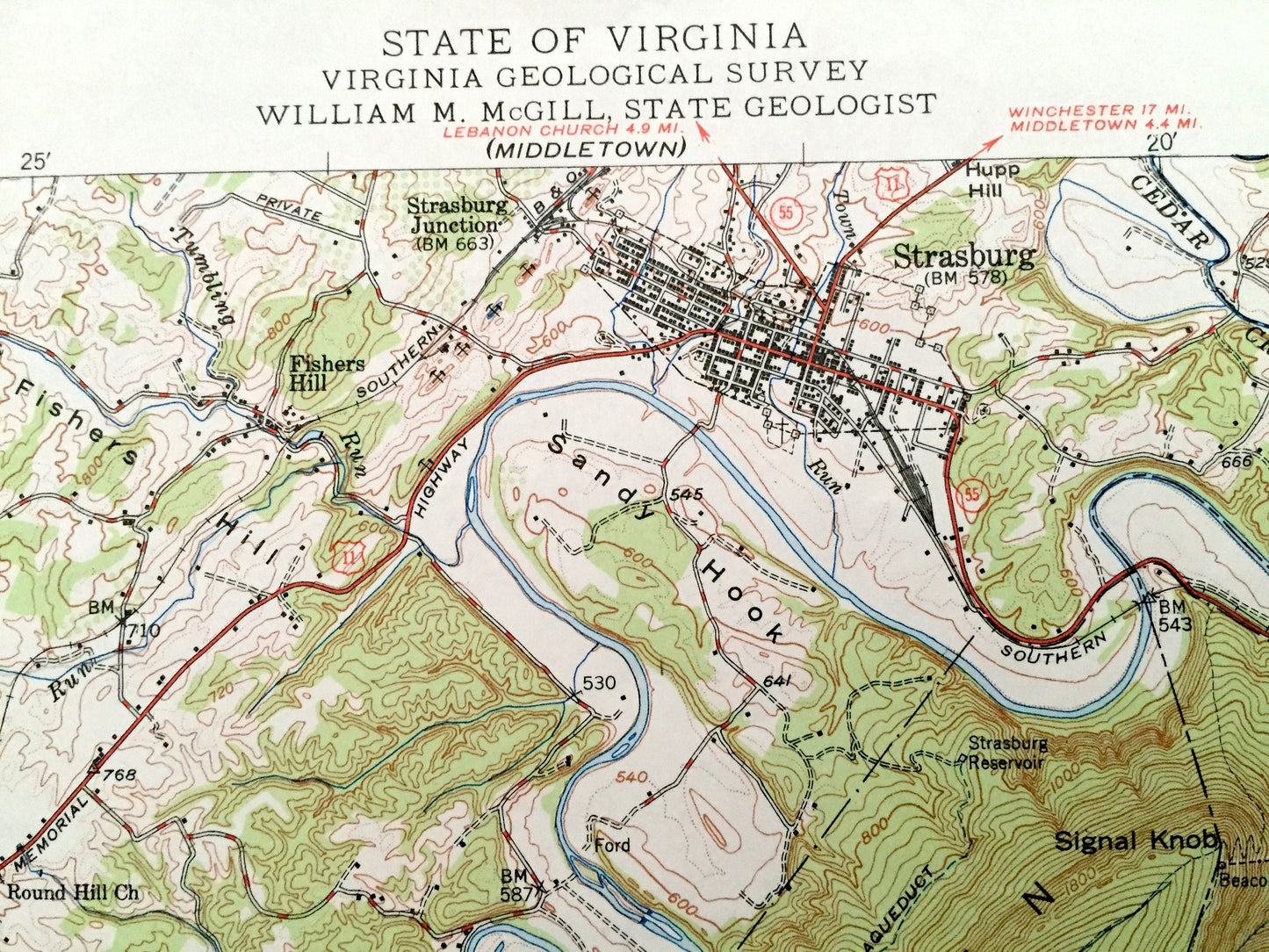 Antique Strasburg, Virginia 1947 US Geological Survey Topographic Map – Bentonville, Toms Brook, Fort Valley Shenandoah George Washington VA
