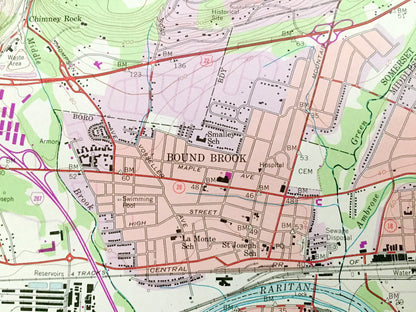 Antique Bound Brook, New Jersey 1955 US Geological Survey Topographic Map – Somerset, Middlesex County, Warren, Hillsborough, Franklin, NJ