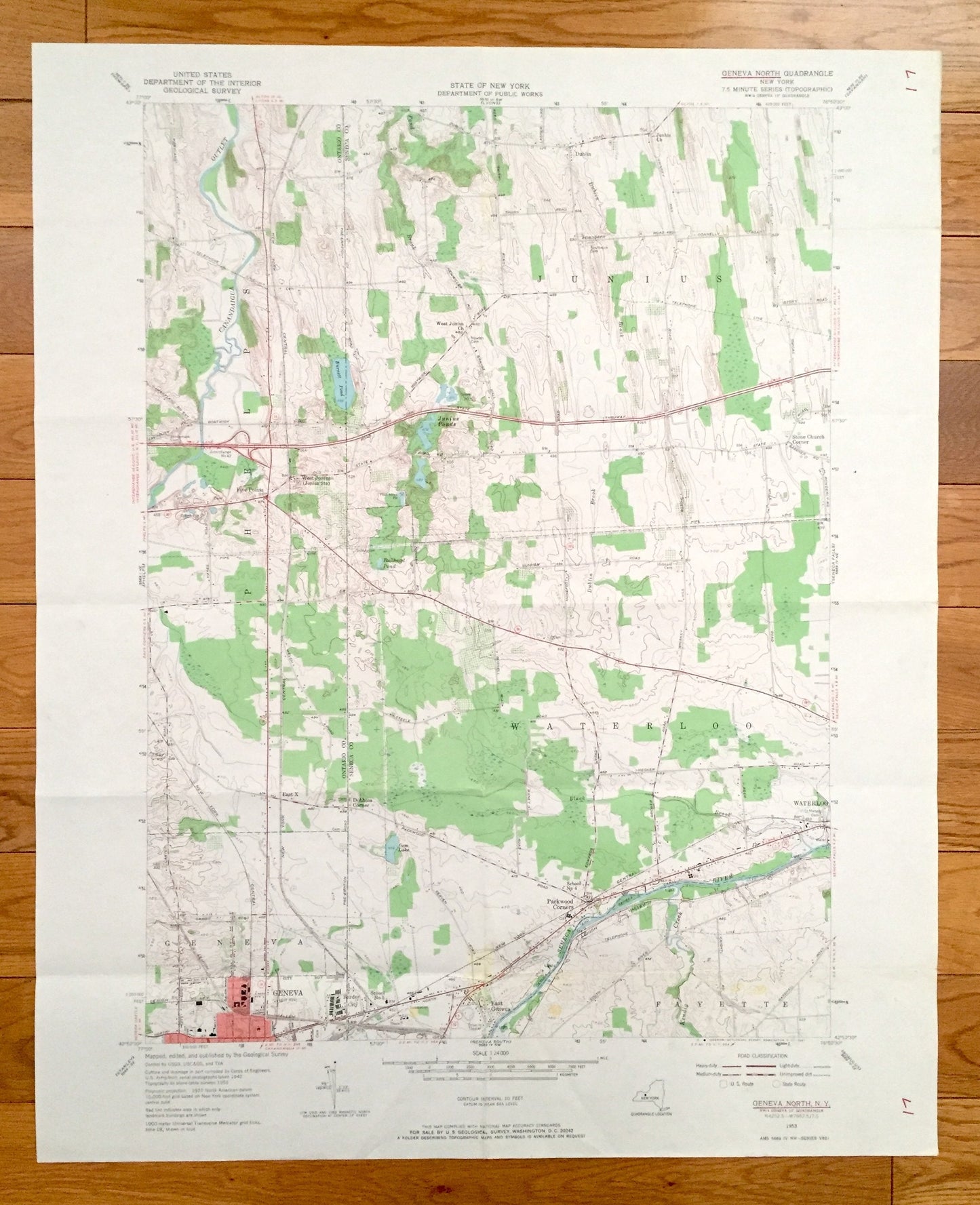 Antique Geneva North, New York 1953 US Geological Survey Topographic Map – Ontario County, Phelps, Waterloo, Fayette, Junius, Dublin, NY