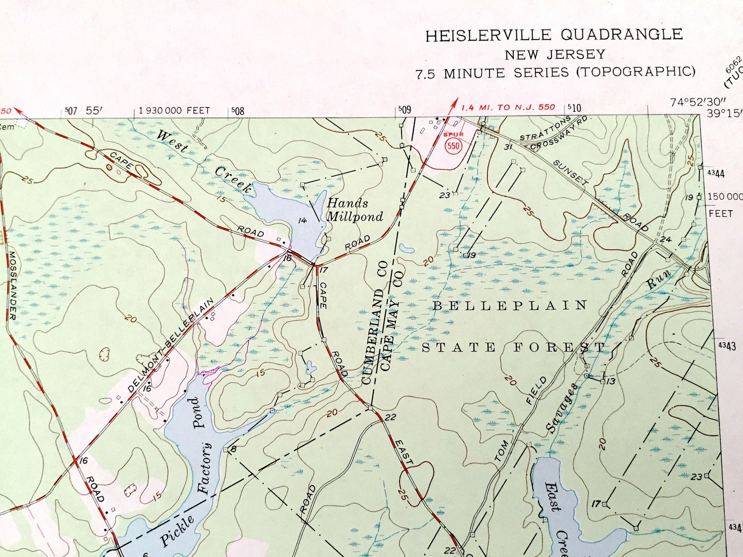 Antique Heislerville, New Jersey 1957 US Geological Survey Topographic Map – Cumberland, Cape May County, Maurice River, Delmont, NJ