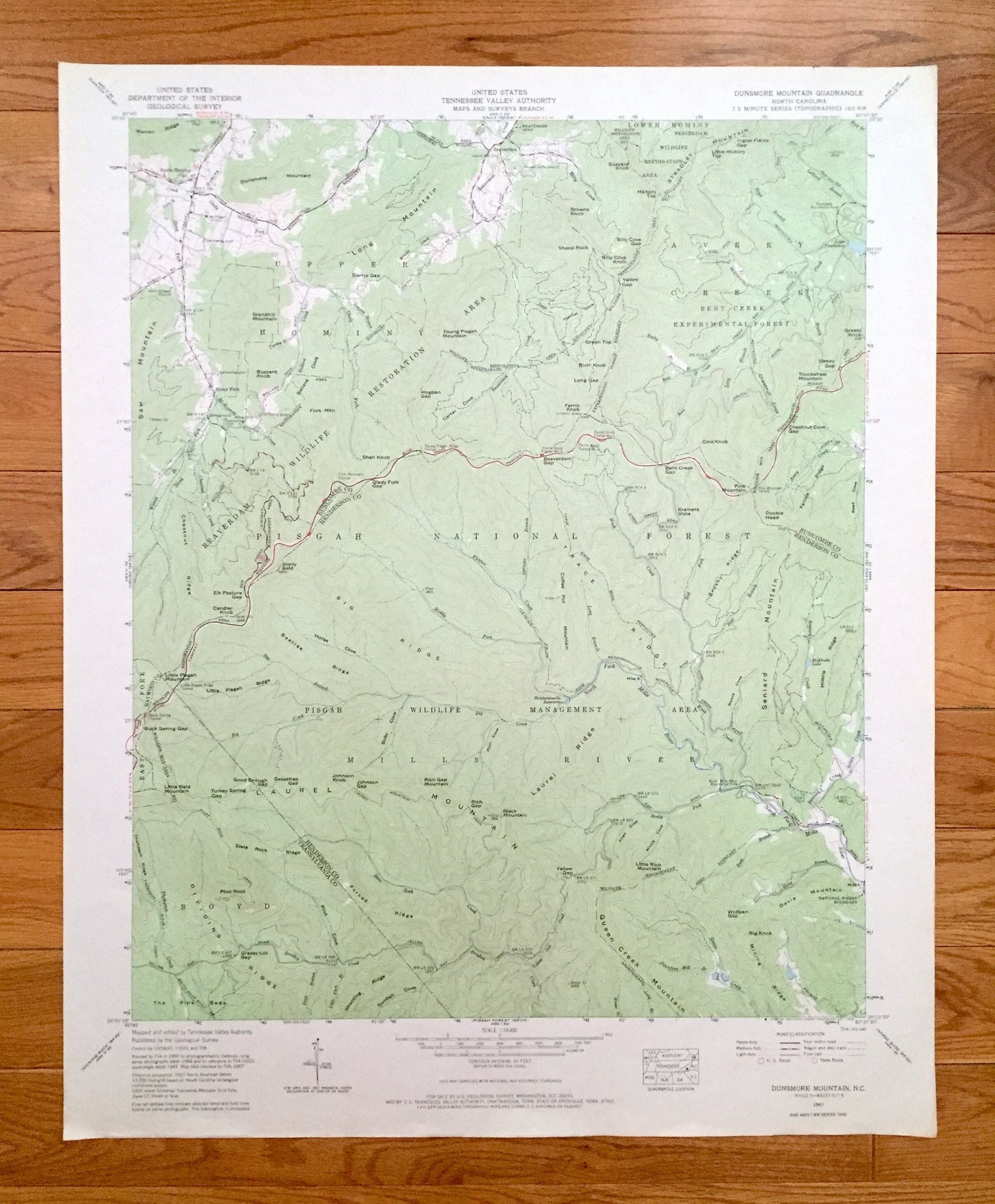 Antique Dunsmore Mountain, North Carolina 1967 US Geological Survey Topographic Map – Buncombe, Henderson County, Pisgah Beaverdam Forest NC