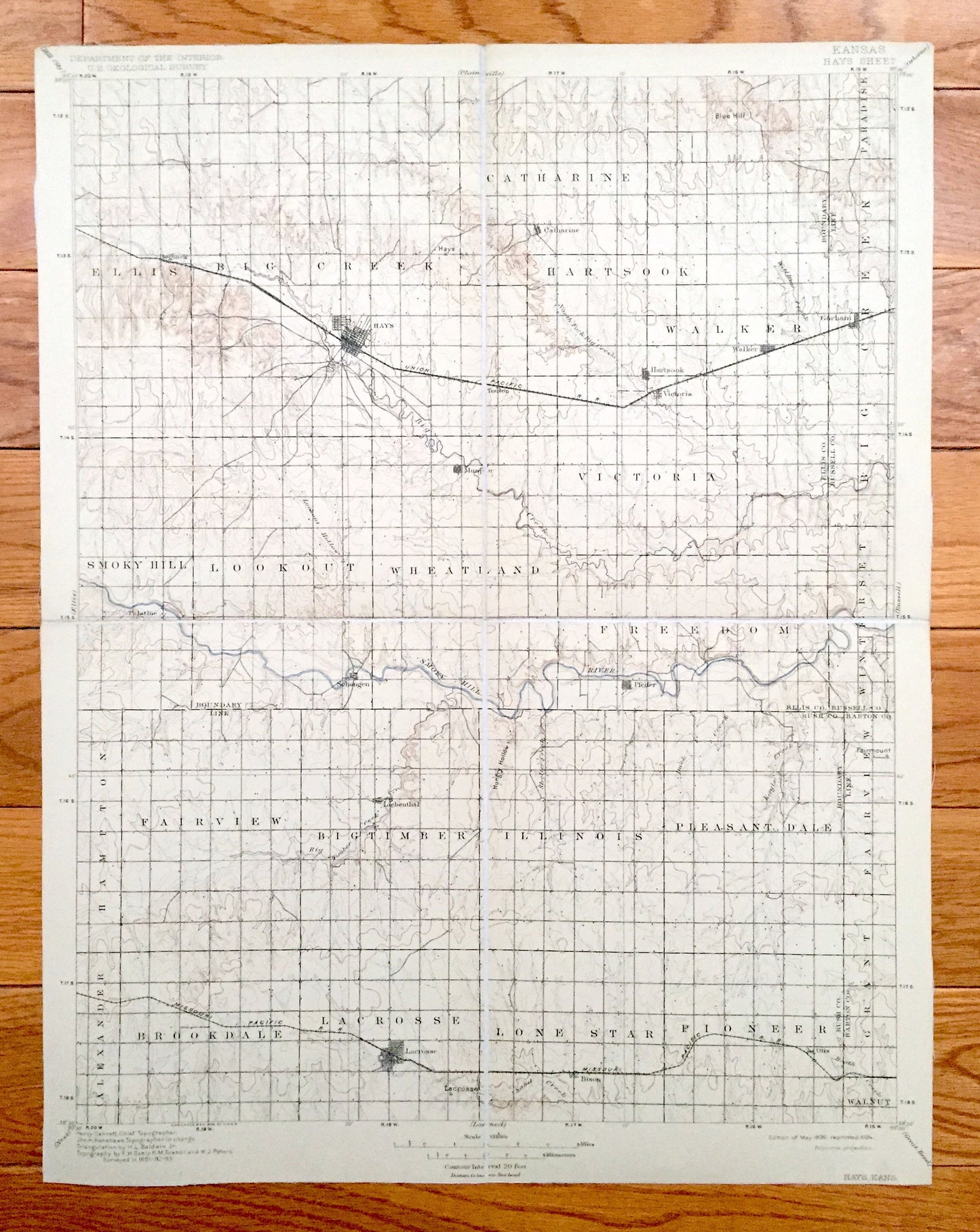 Antique Hays, Kansas 1896 US Geological Survey Topographic Map – Ellis, Big Creek, Catherine, Hartsook, Walker Paradise Victoria Lacrosse KS