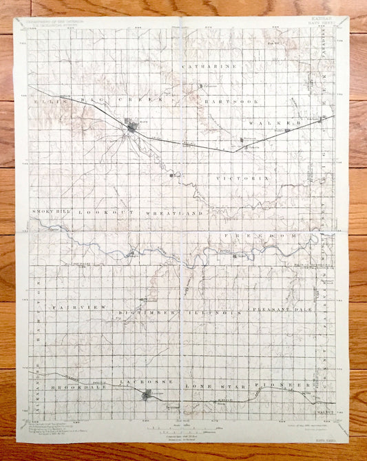 Antique Hays, Kansas 1896 US Geological Survey Topographic Map – Ellis, Big Creek, Catherine, Hartsook, Walker Paradise Victoria Lacrosse KS