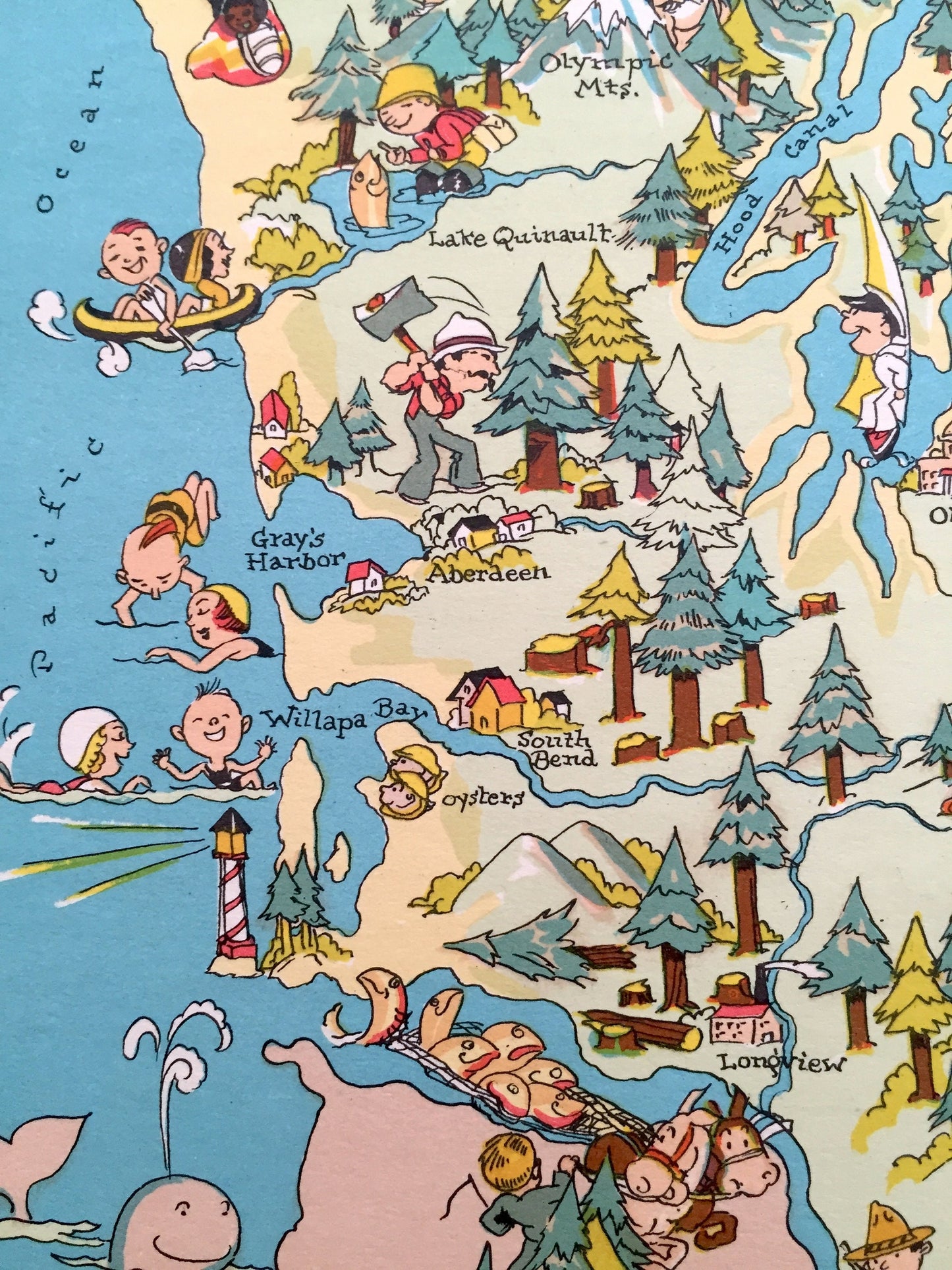 Antique 1935 Washington State Map from Our Gay Geography by Ruth Taylor – Seattle, Olympia, Tacoma, Orcas Island, Bellevue, Spokane, Kent WA