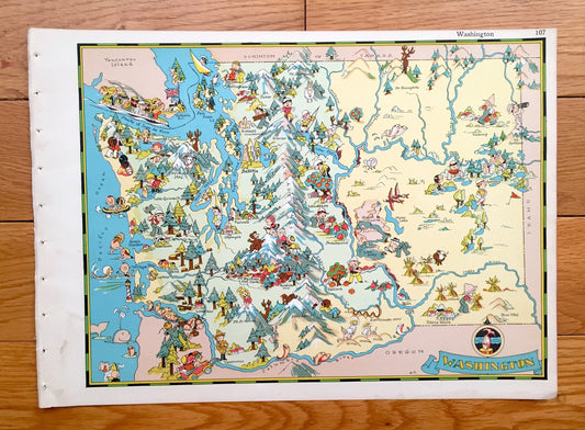 Antique 1935 Washington State Map from Our Gay Geography by Ruth Taylor – Seattle, Olympia, Tacoma, Orcas Island, Bellevue, Spokane, Kent WA