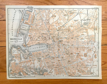 Antique 1914 Marseille, France Map from Baedekers Guide Atlas – Mediterranean, Boulevard, Bouches-du-Rhone, Provence-Alpes-Cote d'Azur, City