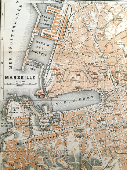 Antique 1914 Marseille, France Map from Baedekers Guide Atlas – Mediterranean, Boulevard, Bouches-du-Rhone, Provence-Alpes-Cote d'Azur, City