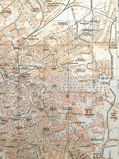 Antique 1914 Marseille, France Map from Baedekers Guide Atlas – Mediterranean, Boulevard, Bouches-du-Rhone, Provence-Alpes-Cote d'Azur, City
