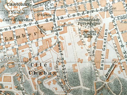 Antique 1914 Marseille, France Map from Baedekers Guide Atlas – Mediterranean, Boulevard, Bouches-du-Rhone, Provence-Alpes-Cote d'Azur, City