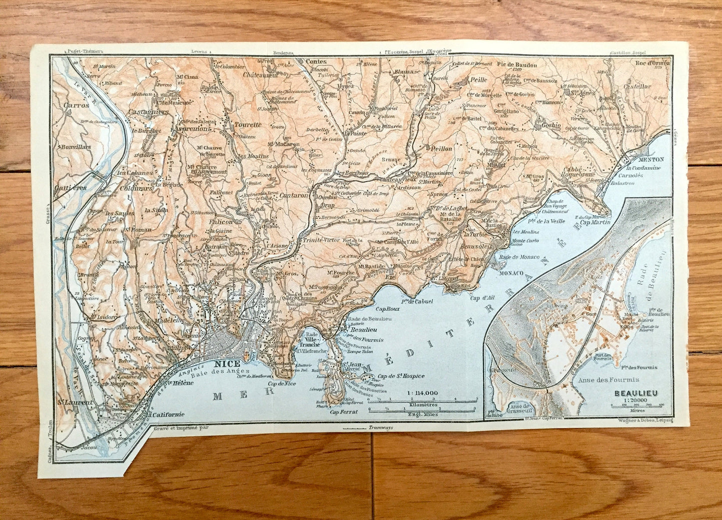 Antique 1914 Nice Beaulieu, France Map from Baedekers Guide Atlas – Carros, St. Laurent, Falicon, Tourette, Castagniers, Aspremont, Menton