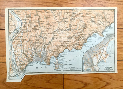 Antique 1914 Nice Beaulieu, France Map from Baedekers Guide Atlas – Carros, St. Laurent, Falicon, Tourette, Castagniers, Aspremont, Menton