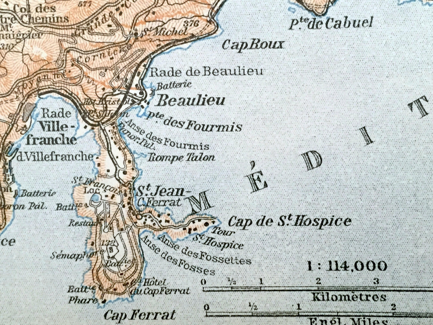 Antique 1914 Nice Beaulieu, France Map from Baedekers Guide Atlas – Carros, St. Laurent, Falicon, Tourette, Castagniers, Aspremont, Menton