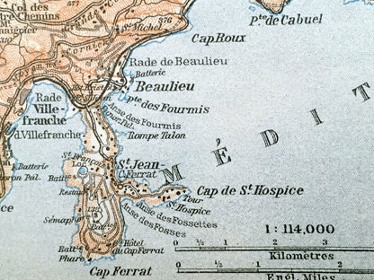 Antique 1914 Nice Beaulieu, France Map from Baedekers Guide Atlas – Carros, St. Laurent, Falicon, Tourette, Castagniers, Aspremont, Menton
