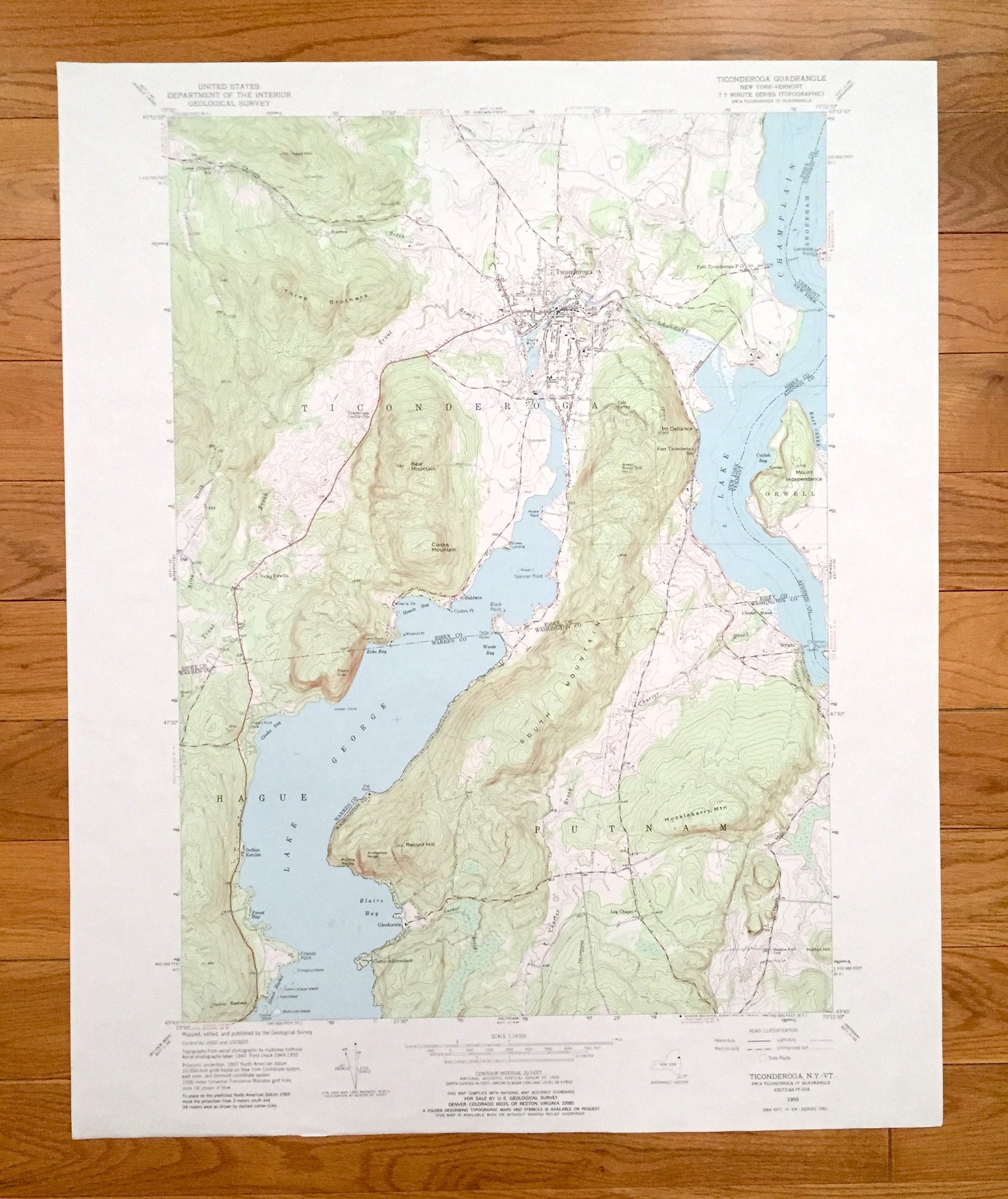 Antique Ticonderoga, New York 1950 US Geological Survey Topographic Map – Essex, Warren, Washington County, Hague, NY, Addison County, VT