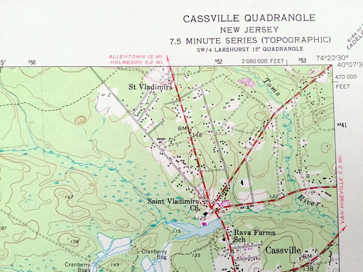 Antique Cassville, New Jersey 1957 US Geological Survey Topographic Map – Jackson, Manchester, Fort Dix, Lakehurst, Monmouth Ocean County NJ