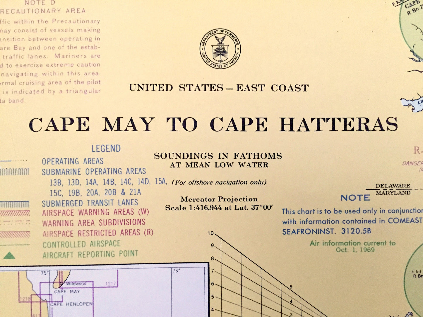 Antique Cape May to Cape Hatteras 1969 US Coast Guard Nautical Map – New Jersey, Delaware, Maryland, Virginia, North Carolina, Bethany Beach