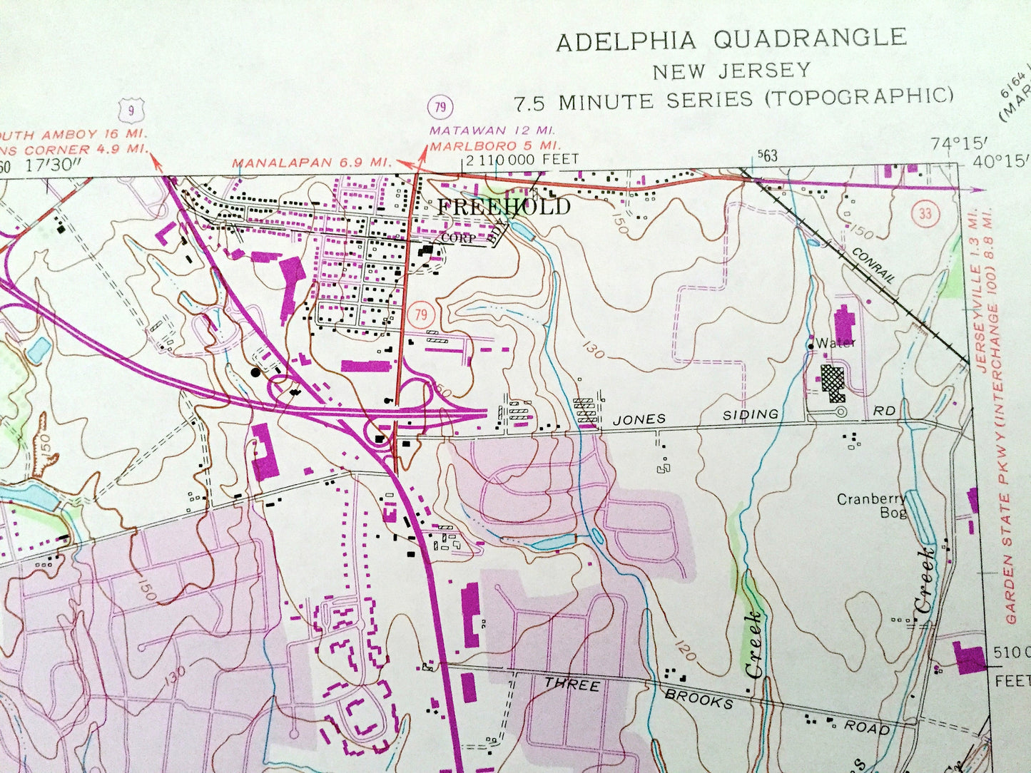 Antique Adelphia, New Jersey 1957 US Geological Survey Topographic Map – Ocean, Monmouth County, Freehold, Manalapan, Howell, Jackson, NJ