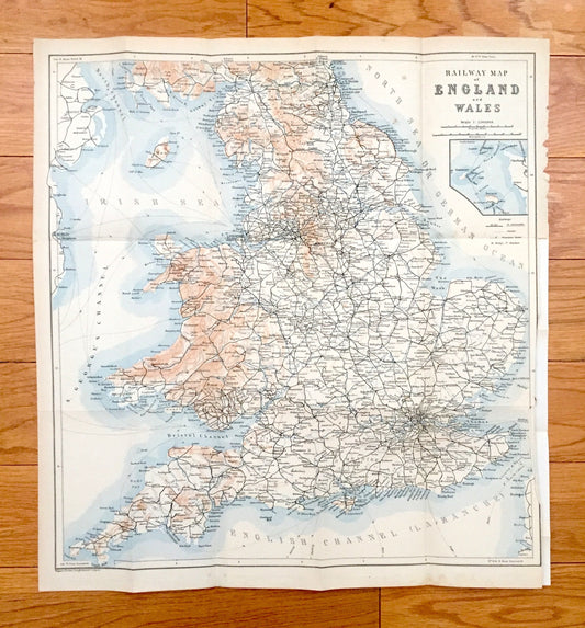 Antique 1902 England & Wales Map from Baedekers Atlas of London – Ireland, Brighton, Dover, Manchester, Leeds, Birmingham, Great Britain, UK