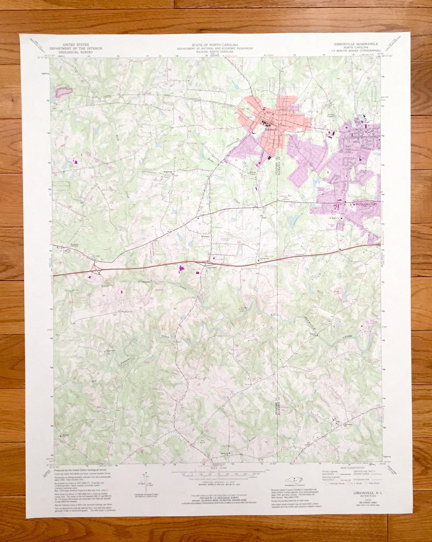 Antique Gibsonville, North Carolina 1970 US Geological Survey Topographic Map – Guilford, Alamance County, Burlington, Sedalia, Whittsett NC