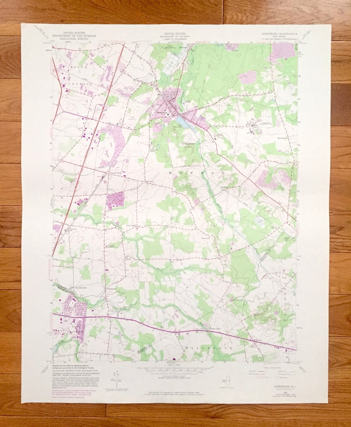 Antique Jamesburg, New Jersey 1953 US Geological Survey Topographic Map – Middlesex, Monmouth County, South Brunswick, Monroe, Millstone, NJ