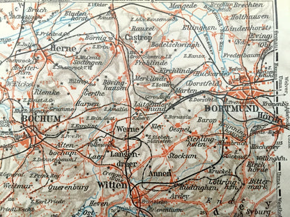 Antique 1925 Northern Germany Map from Baedekers Guide Atlas – Duisburg, Homberg, Gelsen, Kirchen, Wanne, Witten, Bochum, Hagen, Dortmund