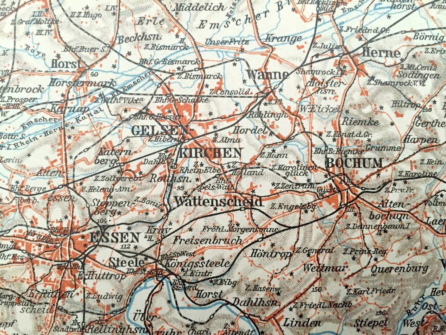 Antique 1925 Northern Germany Map from Baedekers Guide Atlas – Duisburg, Homberg, Gelsen, Kirchen, Wanne, Witten, Bochum, Hagen, Dortmund
