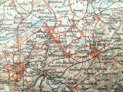 Antique 1925 Northern Germany Map from Baedekers Guide Atlas – Duisburg, Homberg, Gelsen, Kirchen, Wanne, Witten, Bochum, Hagen, Dortmund