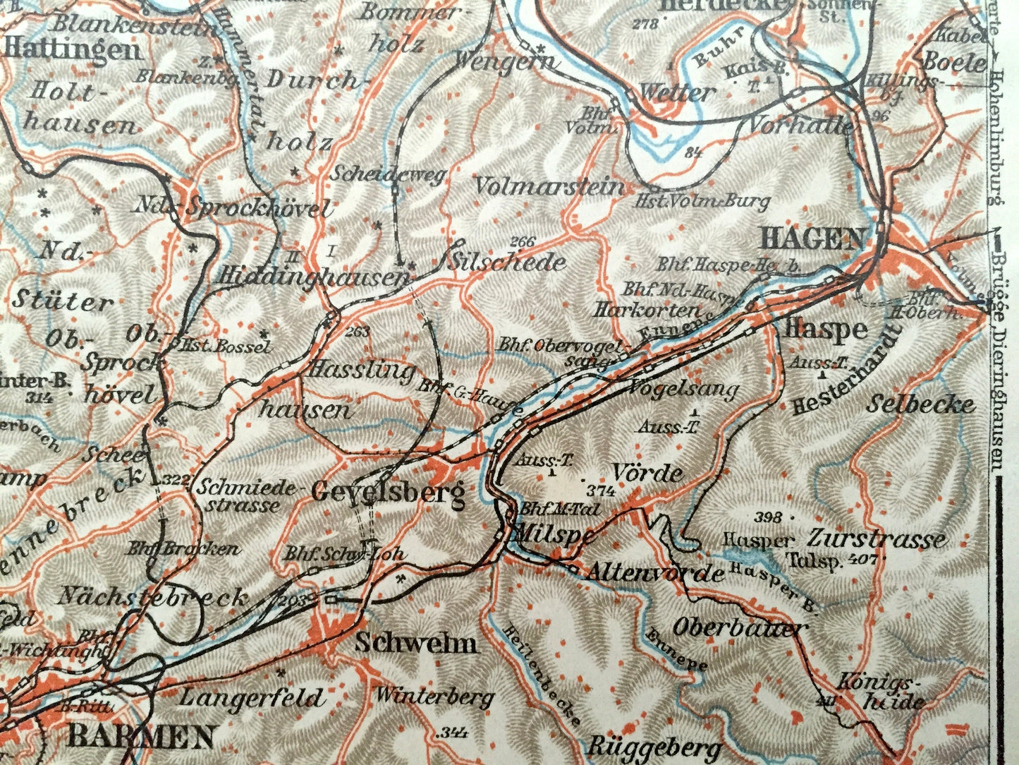 Antique 1925 Northern Germany Map from Baedekers Guide Atlas – Duisburg, Homberg, Gelsen, Kirchen, Wanne, Witten, Bochum, Hagen, Dortmund