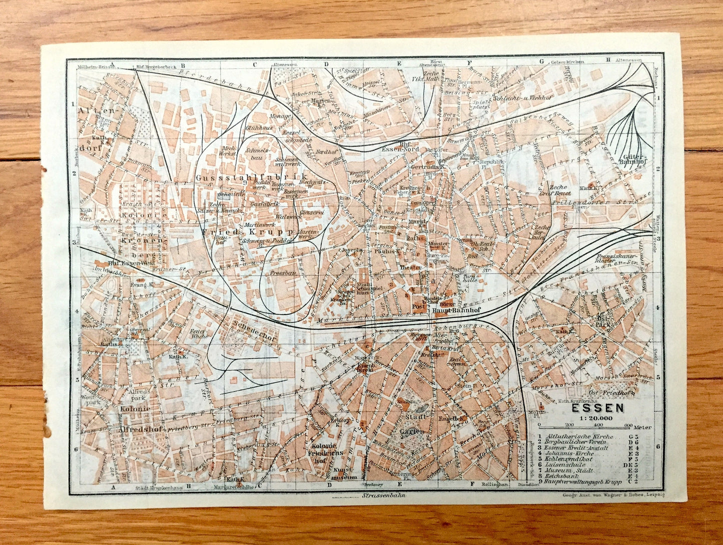 Antique 1925 Essen & Dortmund, Germany Map from Baedekers Guide Atlas – Witten, Annen, Wengren, Hagen, Boele, Kirchende, Herdecke, Syburg