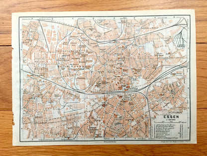 Antique 1925 Essen & Dortmund, Germany Map from Baedekers Guide Atlas – Witten, Annen, Wengren, Hagen, Boele, Kirchende, Herdecke, Syburg