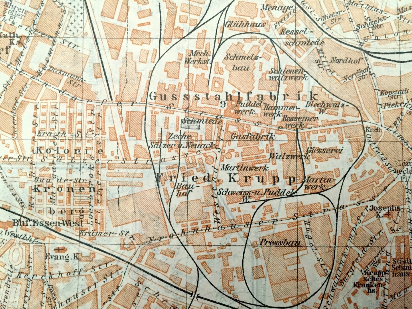 Antique 1925 Essen & Dortmund, Germany Map from Baedekers Guide Atlas – Witten, Annen, Wengren, Hagen, Boele, Kirchende, Herdecke, Syburg