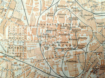 Antique 1925 Essen & Dortmund, Germany Map from Baedekers Guide Atlas – Witten, Annen, Wengren, Hagen, Boele, Kirchende, Herdecke, Syburg