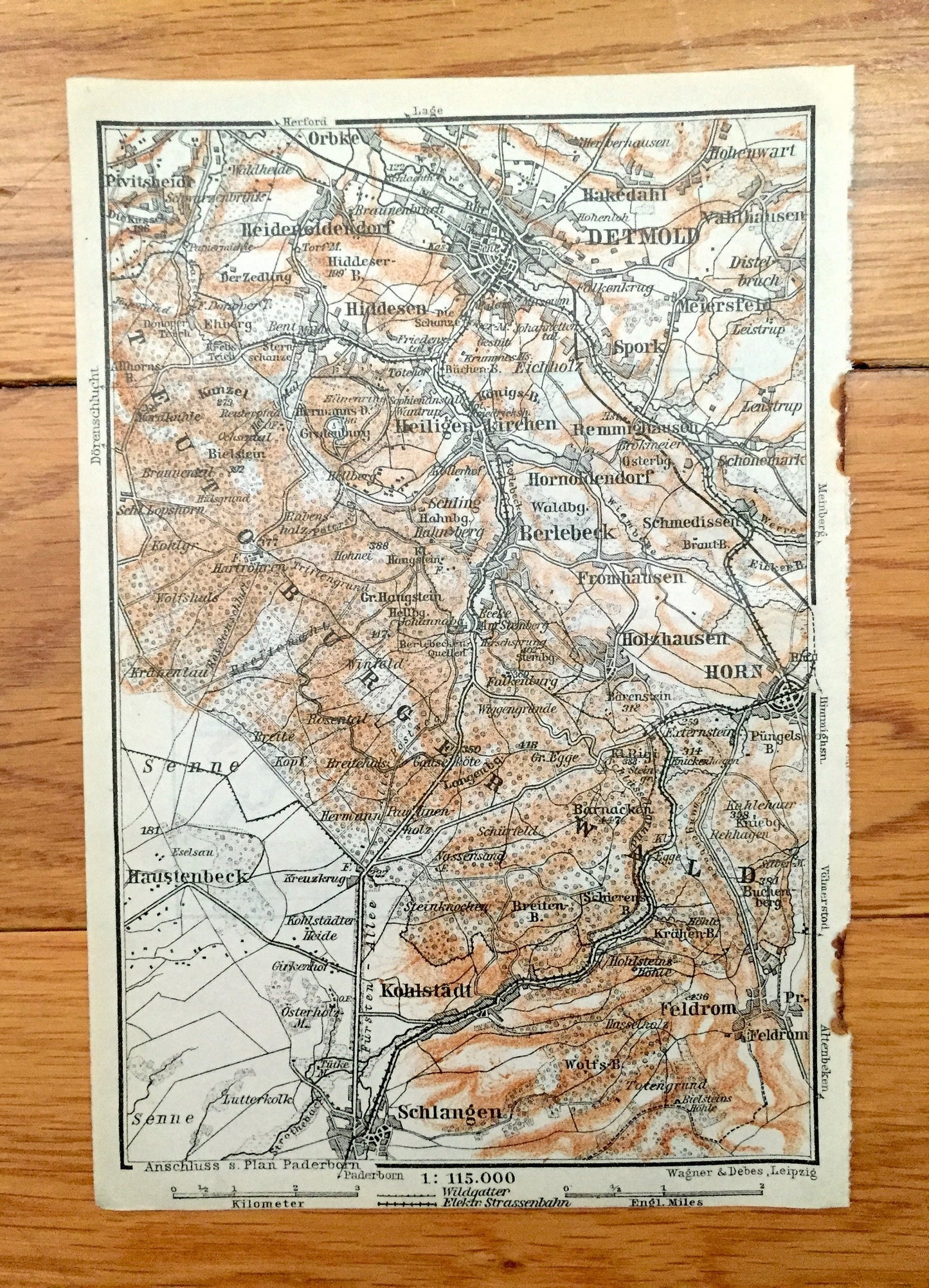 Antique 1925 Detmold, Germany Map from Baedekers Guide Atlas – Schlangen, Kohlstadt, Feldrom, Horn, Berlebeck, Spork, Orbke, Hiddesen