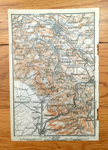 Antique 1925 Detmold, Germany Map from Baedekers Guide Atlas – Schlangen, Kohlstadt, Feldrom, Horn, Berlebeck, Spork, Orbke, Hiddesen