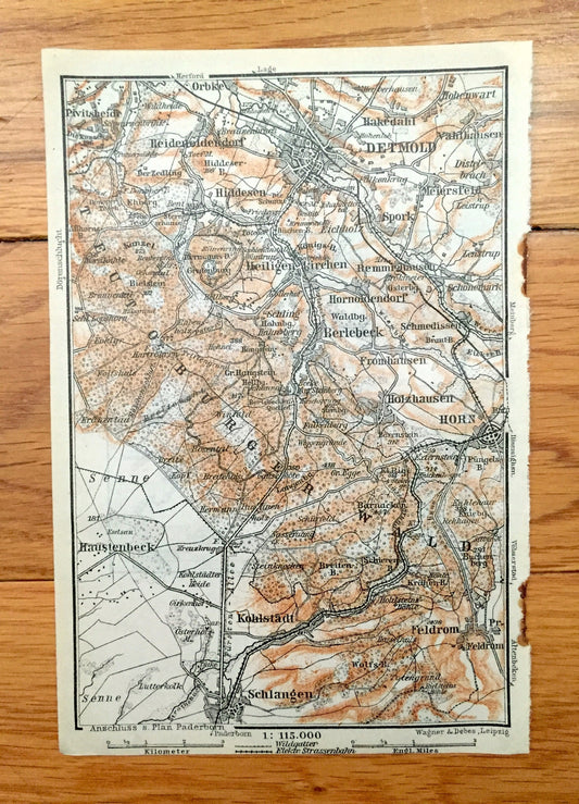Antique 1925 Detmold, Germany Map from Baedekers Guide Atlas – Schlangen, Kohlstadt, Feldrom, Horn, Berlebeck, Spork, Orbke, Hiddesen