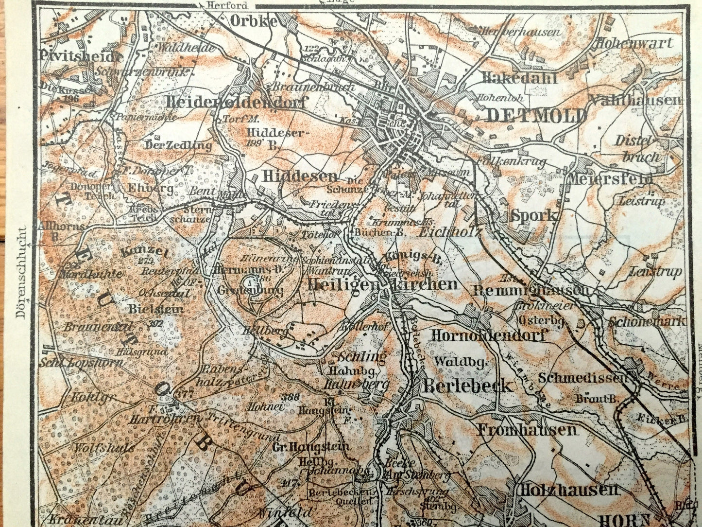 Antique 1925 Detmold, Germany Map from Baedekers Guide Atlas – Schlangen, Kohlstadt, Feldrom, Horn, Berlebeck, Spork, Orbke, Hiddesen