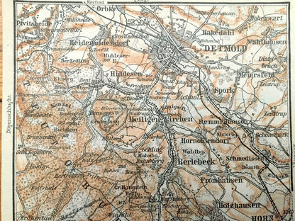 Antique 1925 Detmold, Germany Map from Baedekers Guide Atlas – Schlangen, Kohlstadt, Feldrom, Horn, Berlebeck, Spork, Orbke, Hiddesen