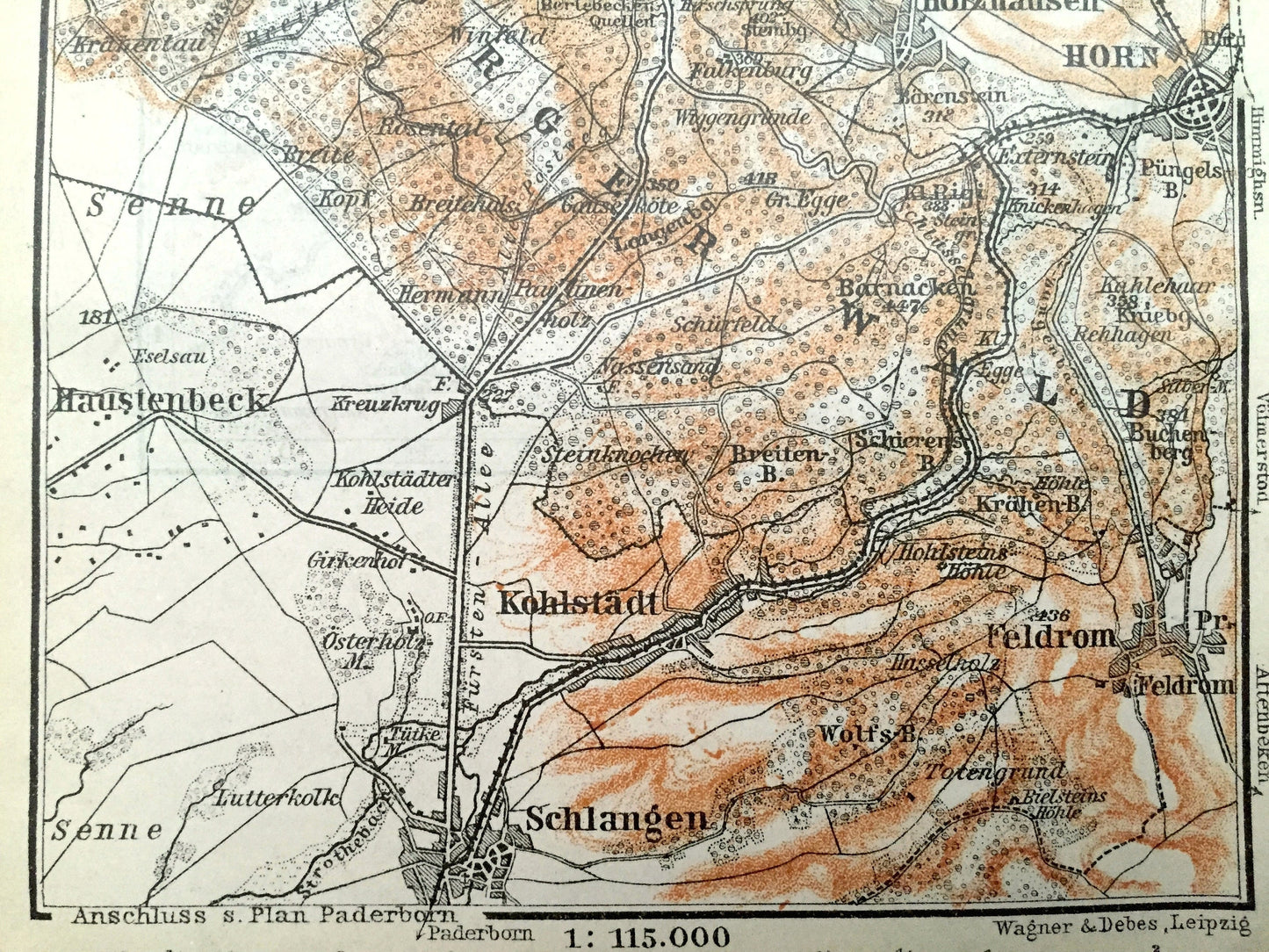 Antique 1925 Detmold, Germany Map from Baedekers Guide Atlas – Schlangen, Kohlstadt, Feldrom, Horn, Berlebeck, Spork, Orbke, Hiddesen
