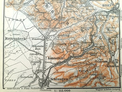 Antique 1925 Detmold, Germany Map from Baedekers Guide Atlas – Schlangen, Kohlstadt, Feldrom, Horn, Berlebeck, Spork, Orbke, Hiddesen