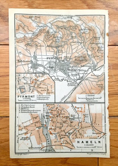 Antique 1925 Hamelin Pyrmont, Germany Map from Baedekers Guide Atlas – Holzhausen, Osdorf, Saline, Lowensen, Schloss, Lower Saxony, Weser