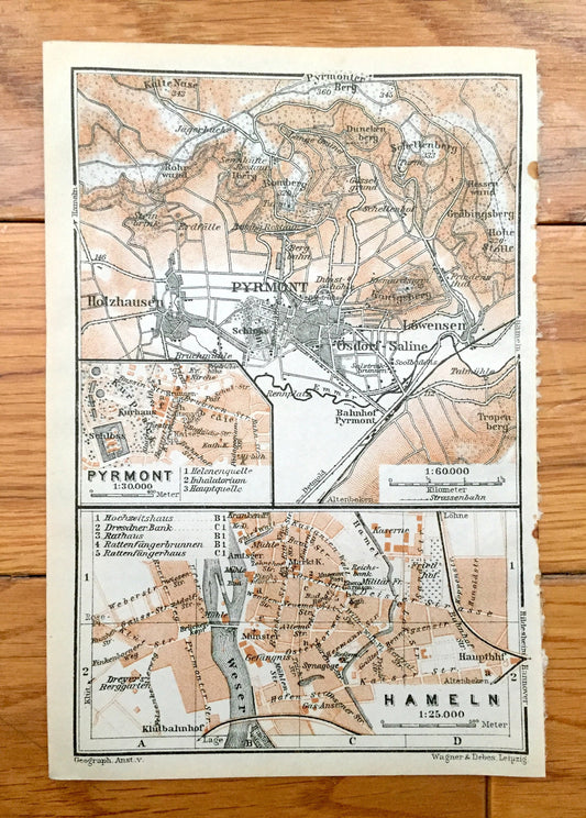 Antique 1925 Hamelin Pyrmont, Germany Map from Baedekers Guide Atlas – Holzhausen, Osdorf, Saline, Lowensen, Schloss, Lower Saxony, Weser